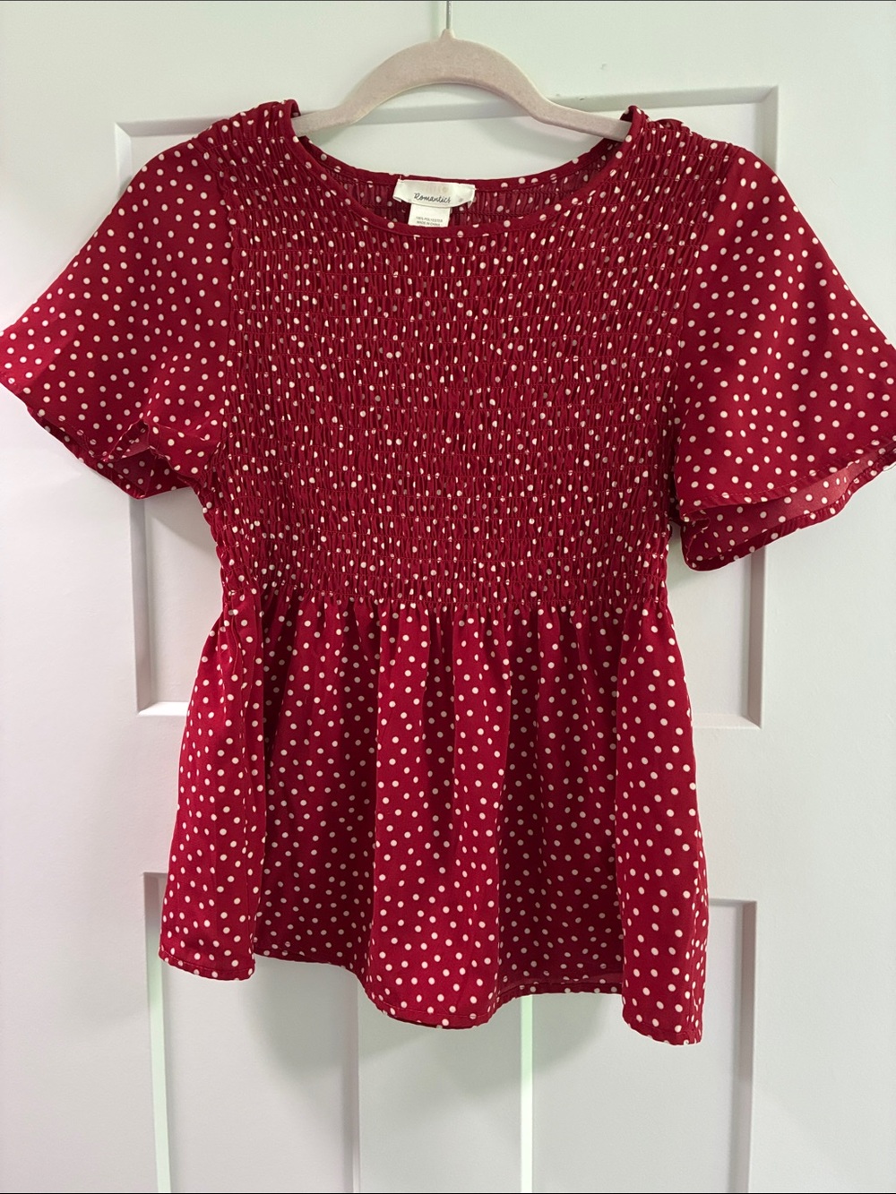 Smocked Polka Dot Peplum Top - Red